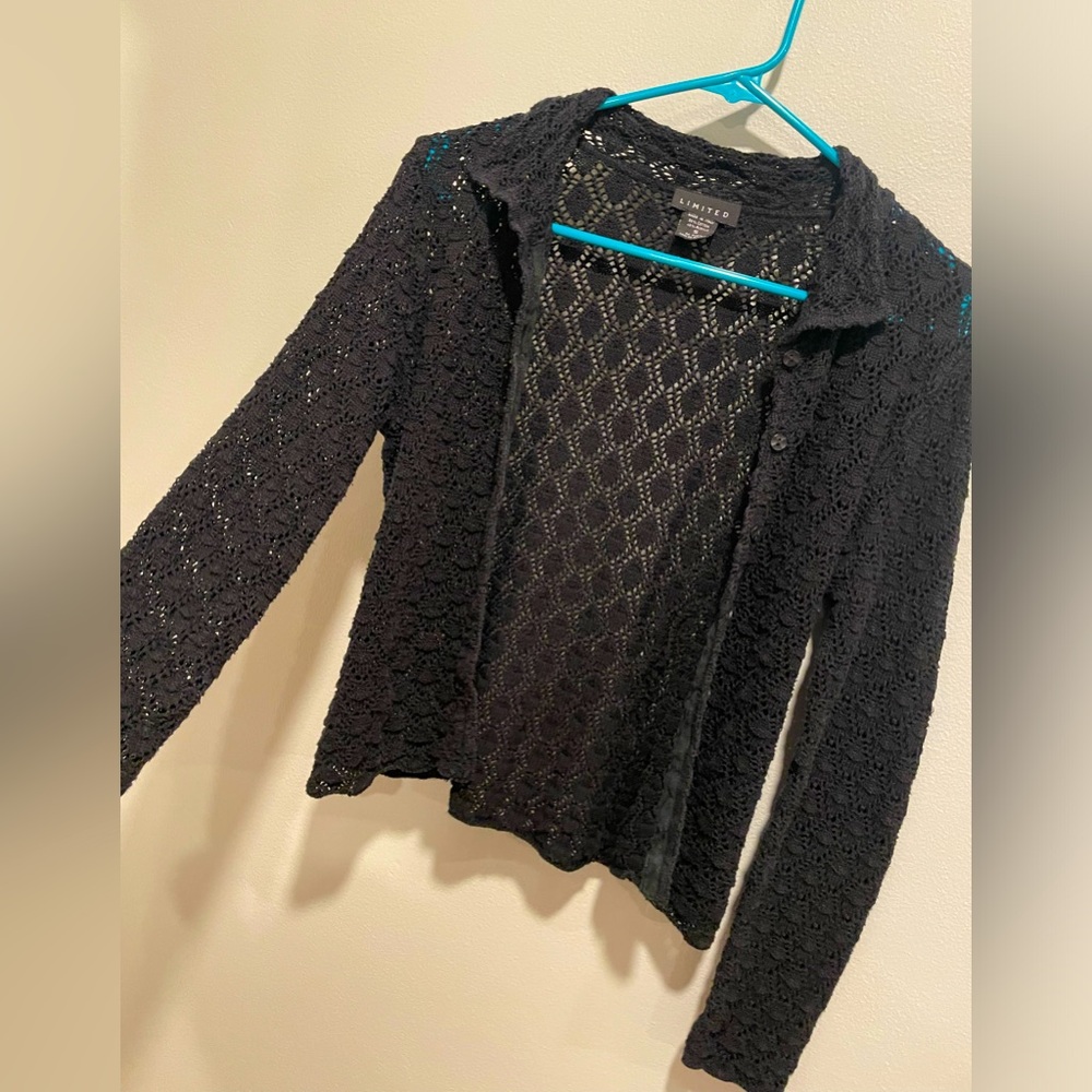 Limited Black Crocheted Boho Collared Long Sleeve Cardigan Size Small